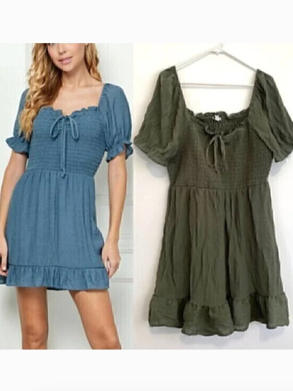 A.U.W AS U WISH Plus Size Puff Sleeve Smocked Ruffle Dress Olive Green Boho Mini